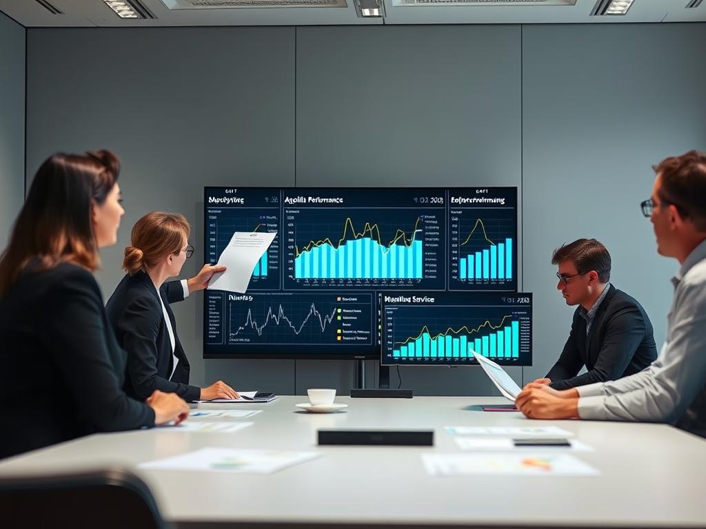 Business team reviewing software performance improvements Business team reviewing software performance improvements