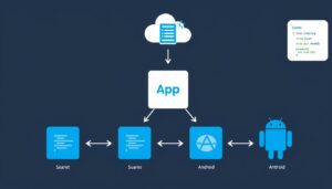 Cross-platform app development workflow showing code sharing between iOS and Android platforms