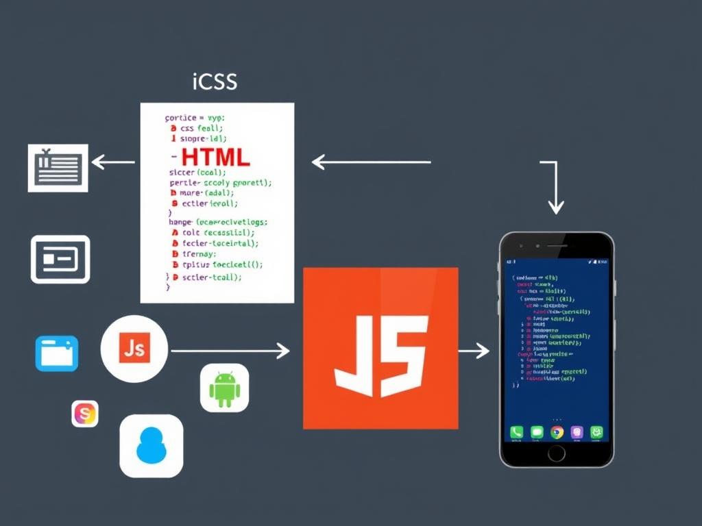 Cross-platform hybrid app development showing web technologies being compiled for multiple platforms Cross-platform hybrid app development showing web technologies being compiled for multiple platforms