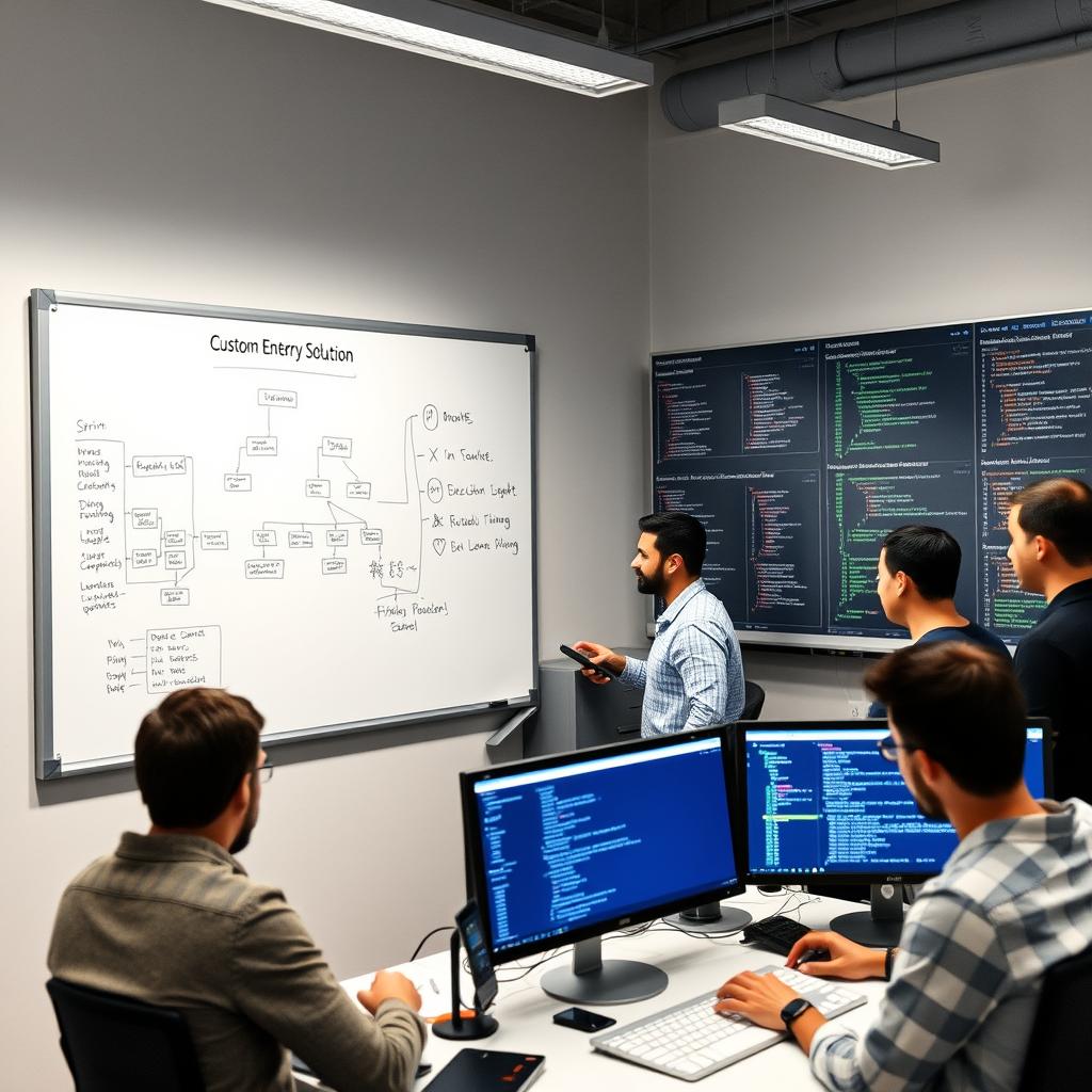 Custom software development team working on enterprise solutions Custom software development team working on enterprise solutions