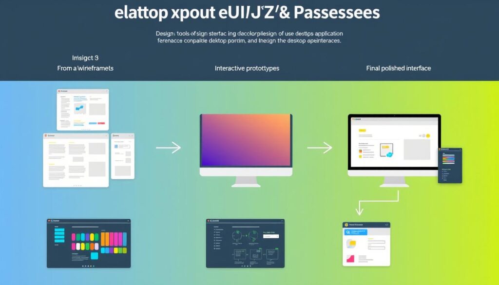 Desktop application UI/UX design process showing wireframes, prototypes and final interface Desktop application UI/UX design process showing wireframes, prototypes and final interface