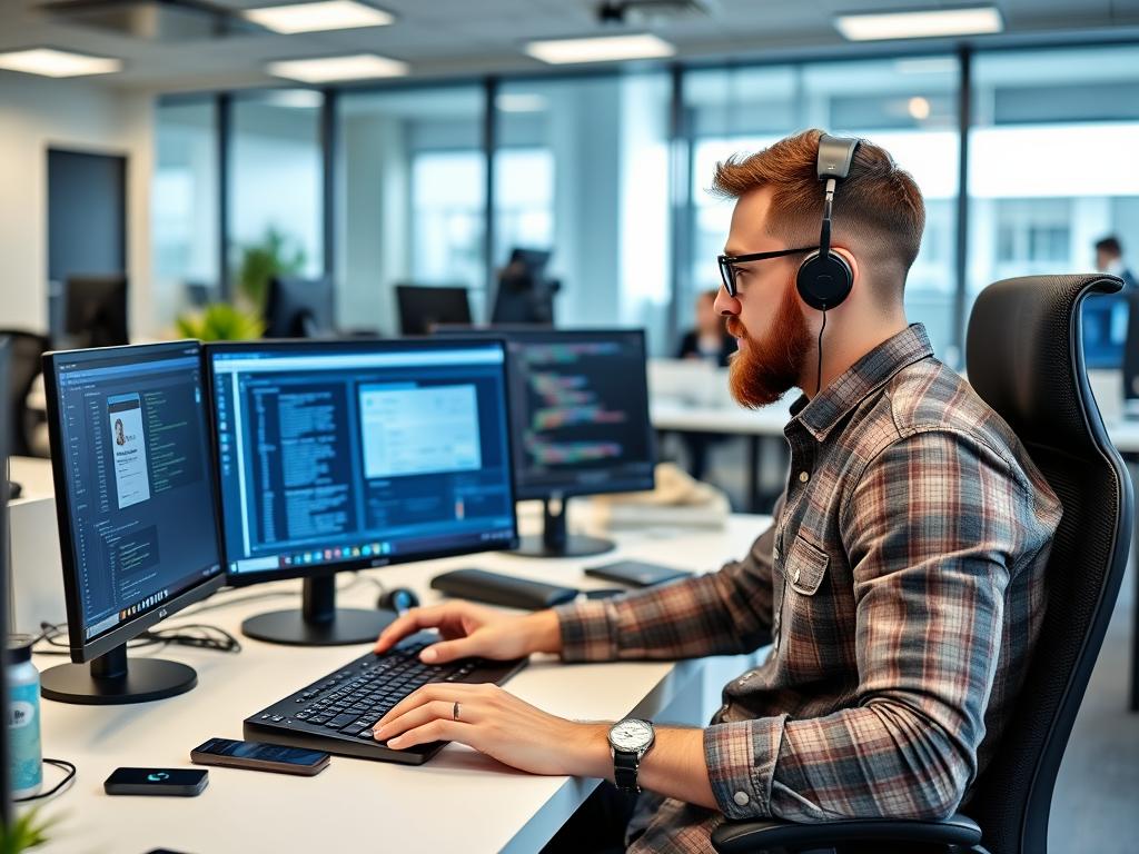 Developer working on React Native cross-platform code with multiple device screens showing the same app Developer working on React Native cross-platform code with multiple device screens showing the same app