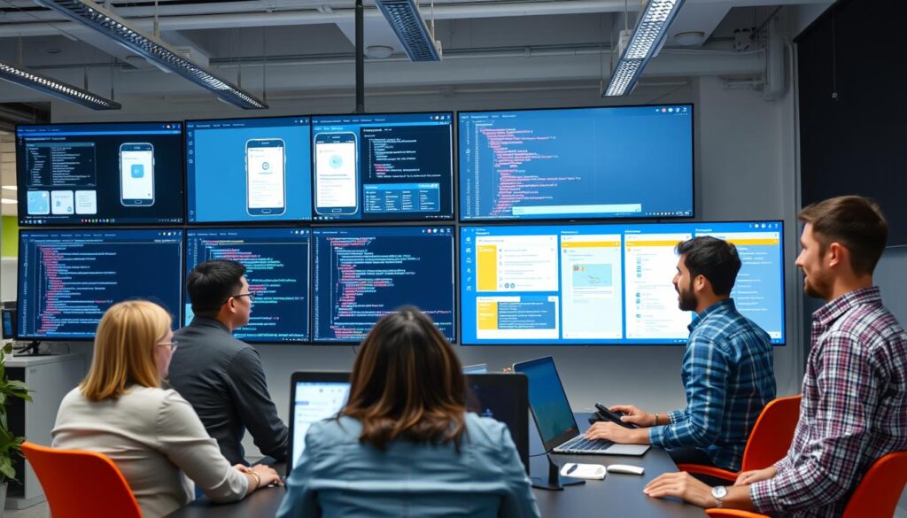 Development team working on multiple screens showing app development process Development team working on multiple screens showing app development process