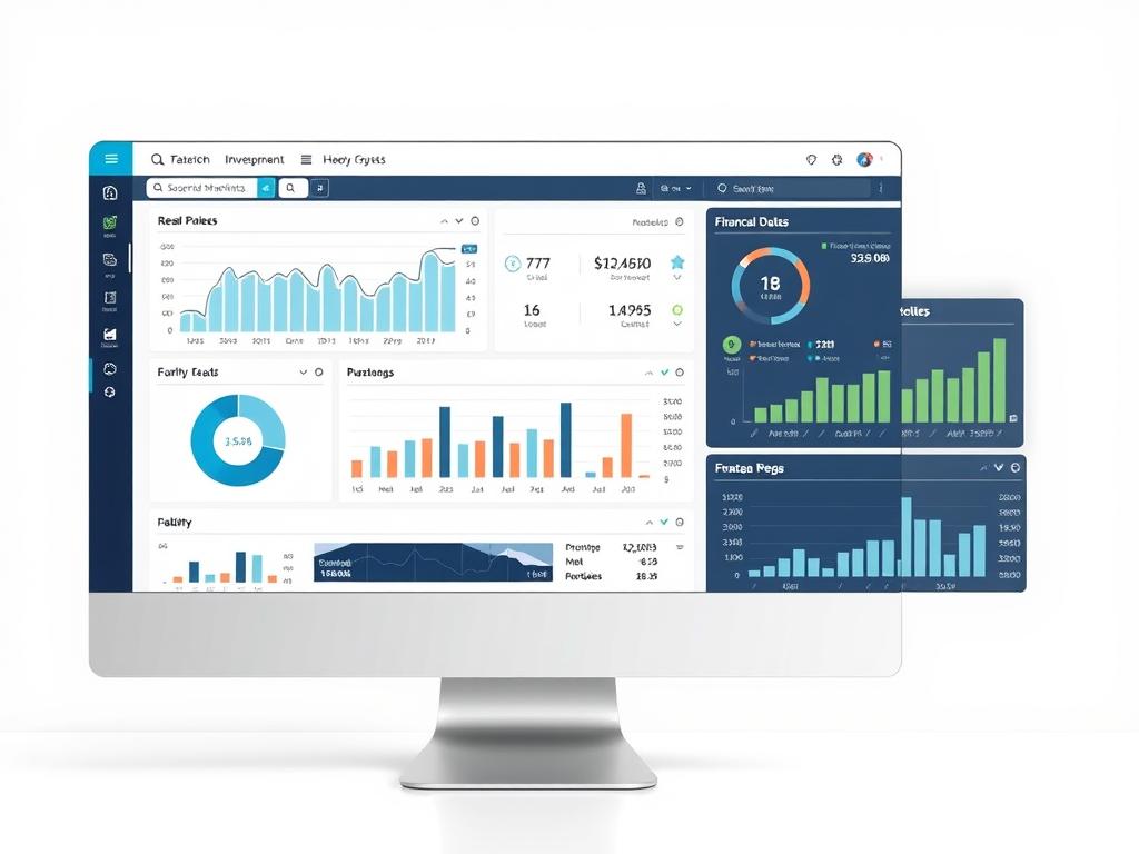 Financial services desktop application dashboard showing data analytics and reporting features Financial services desktop application dashboard showing data analytics and reporting features