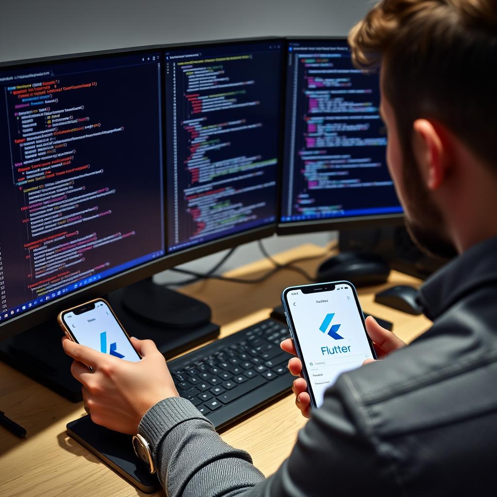 Flutter developer working on cross-platform mobile app code Flutter developer working on cross-platform mobile app code