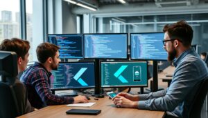 Flutter developers collaborating on cross-platform mobile app development