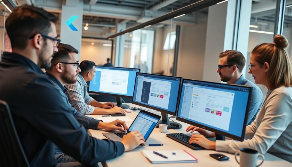 Flutter development team working on mobile app project