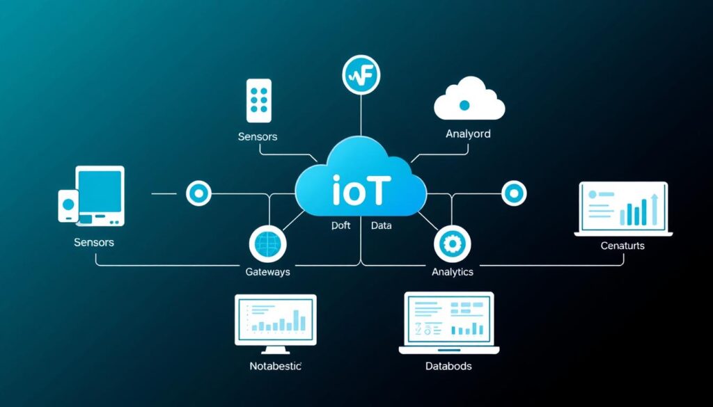 IoT ecosystem showing connected devices and data flow IoT ecosystem showing connected devices and data flow