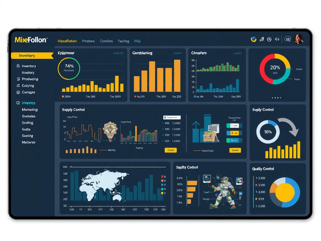 Manufacturing desktop application showing inventory management and production tracking features Manufacturing desktop application showing inventory management and production tracking features