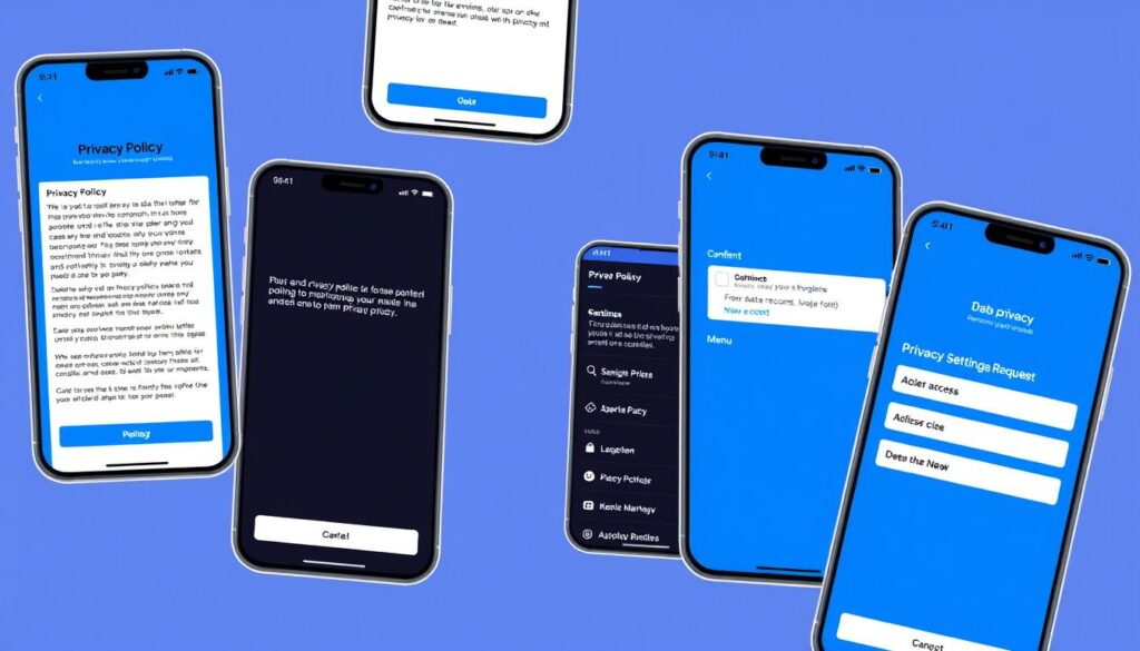 Mobile app screens showing privacy policy implementation with consent dialogs Mobile app screens showing privacy policy implementation with consent dialogs