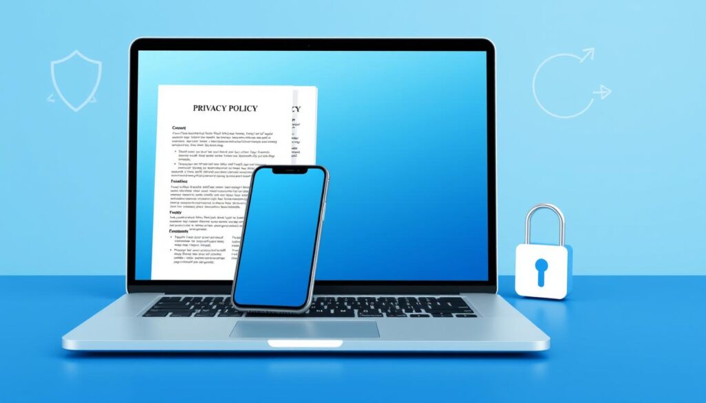 Privacy Policy for Web and Mobile Apps concept showing a mobile phone and laptop with privacy policy documents Privacy Policy for Web and Mobile Apps concept showing a mobile phone and laptop with privacy policy documents