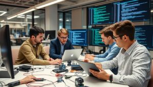 Professional IoT developers working on smart device solutions