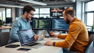 Professional iOS developers working on mobile app development
