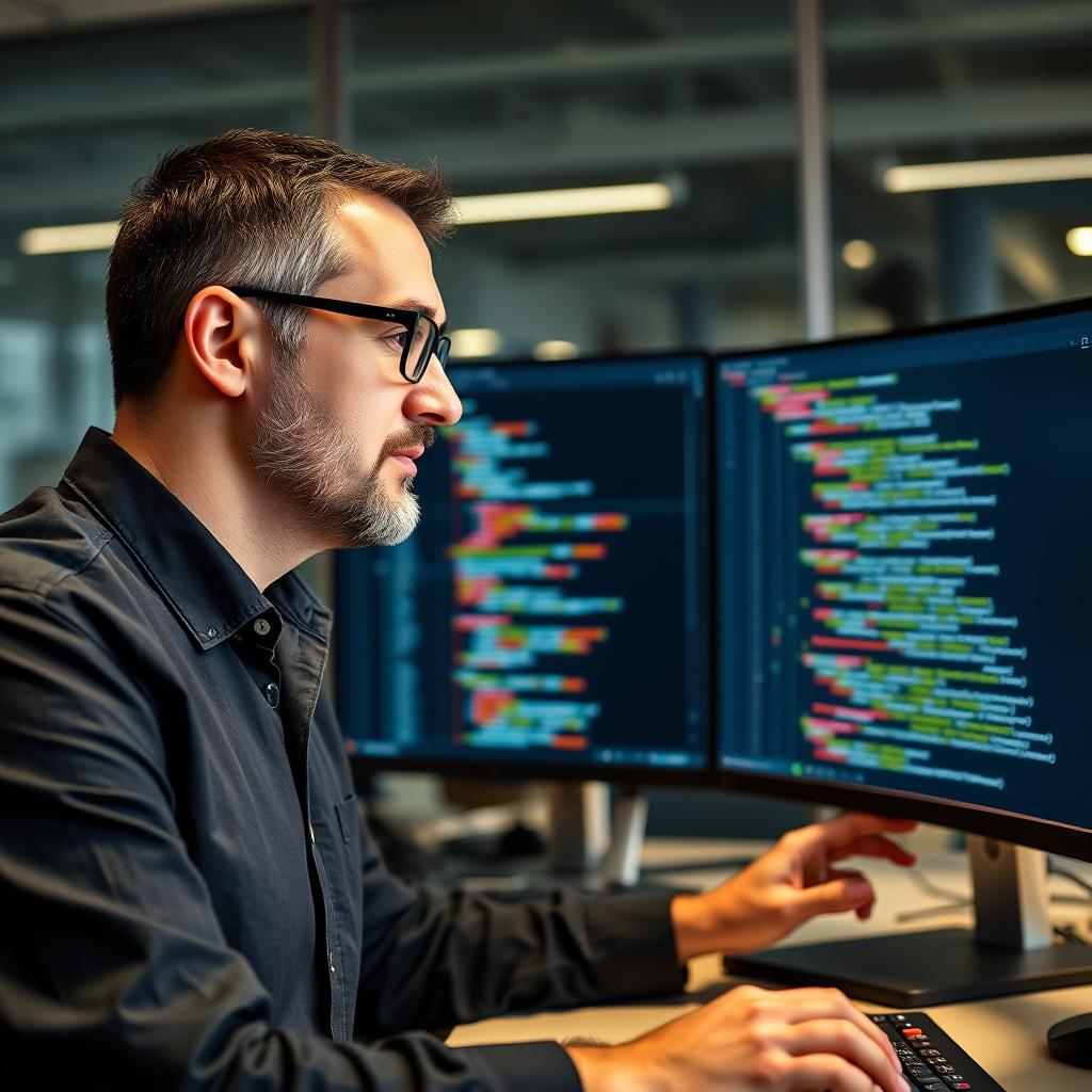 Senior web and mobile app developer working on code Senior web and mobile app developer working on code
