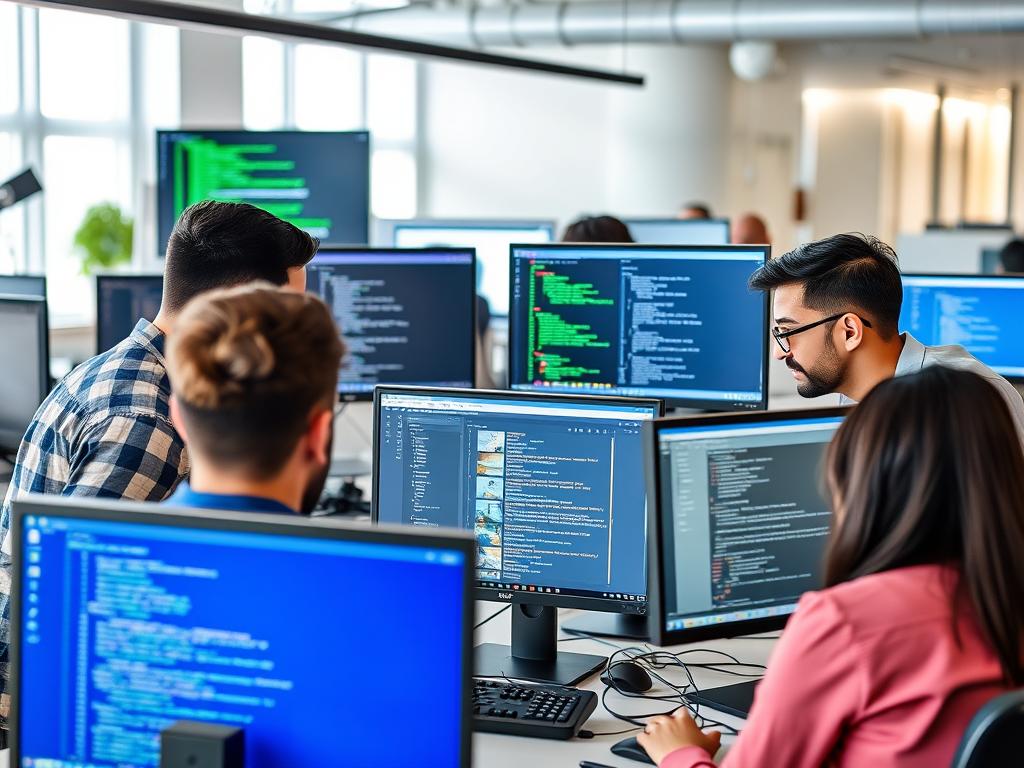 Software development team working on desktop app development with multiple screens showing code and interface designs Software development team working on desktop app development with multiple screens showing code and interface designs