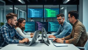 Team of Python developers collaborating on web and mobile application development