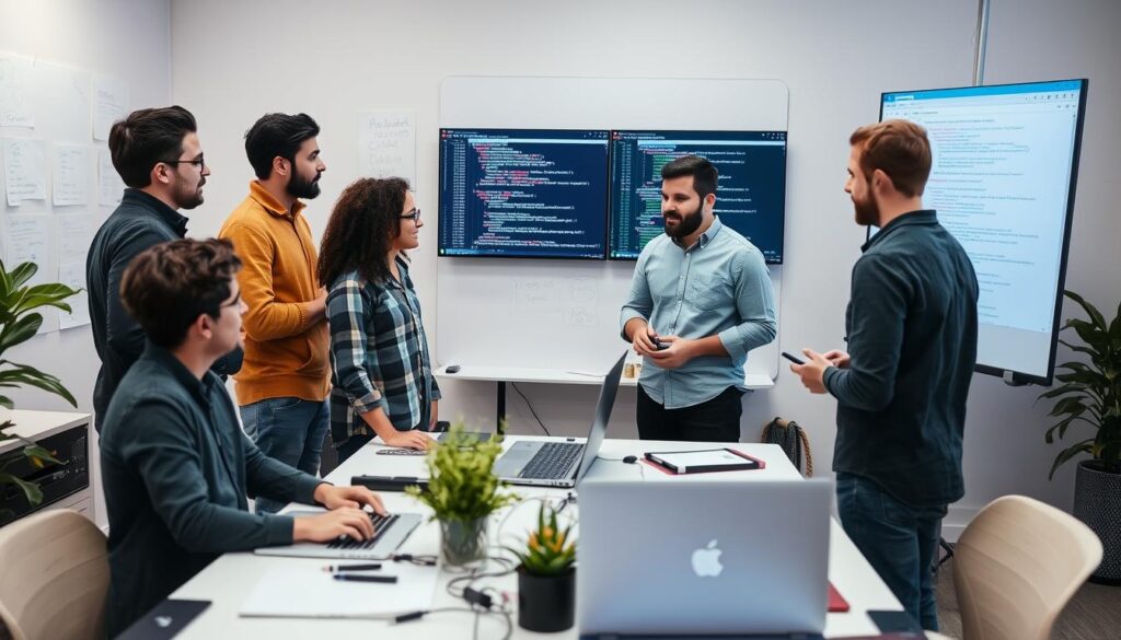 Team of expert Python developers collaborating on a project Team of expert Python developers collaborating on a project