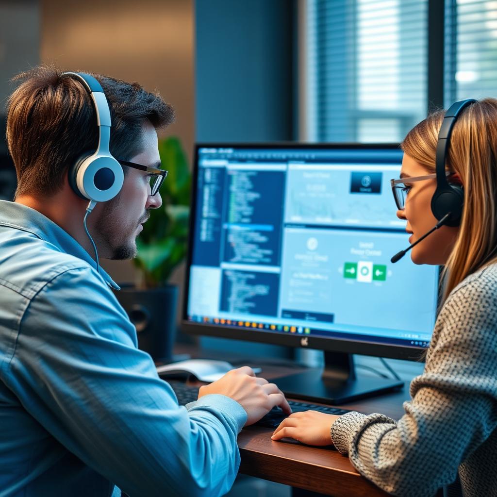 Technical support team assisting users with software Technical support team assisting users with software