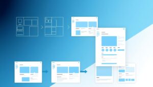 UI/UX Design process showing wireframes and final interface designs