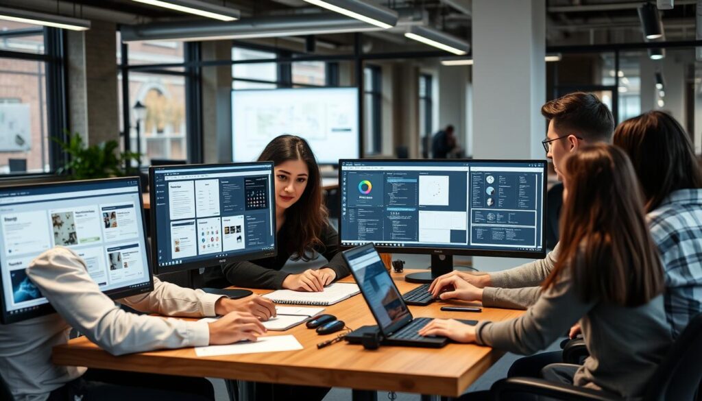 UI/UX design team collaborating on a project UI/UX design team collaborating on a project