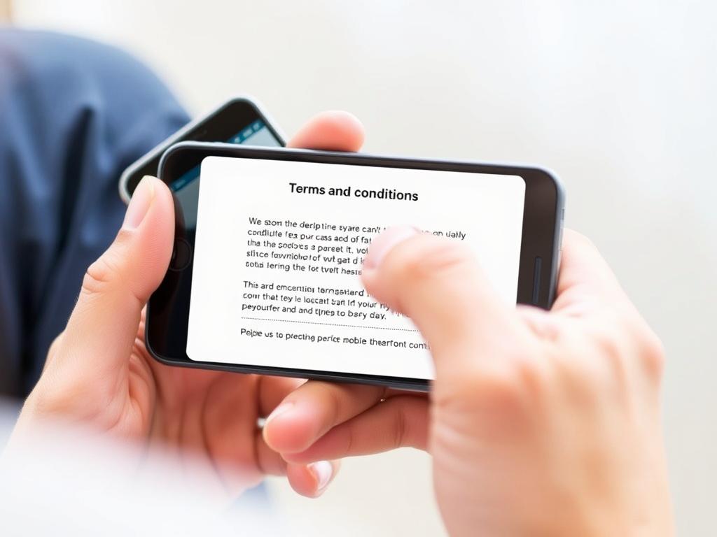 User interacting with a mobile app with terms and conditions overlay
