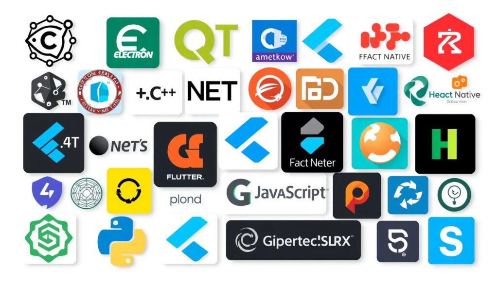 Various desktop app development technologies and frameworks logos including Electron, Qt, .NET, and Flutter Various desktop app development technologies and frameworks logos including Electron, Qt, .NET, and Flutter