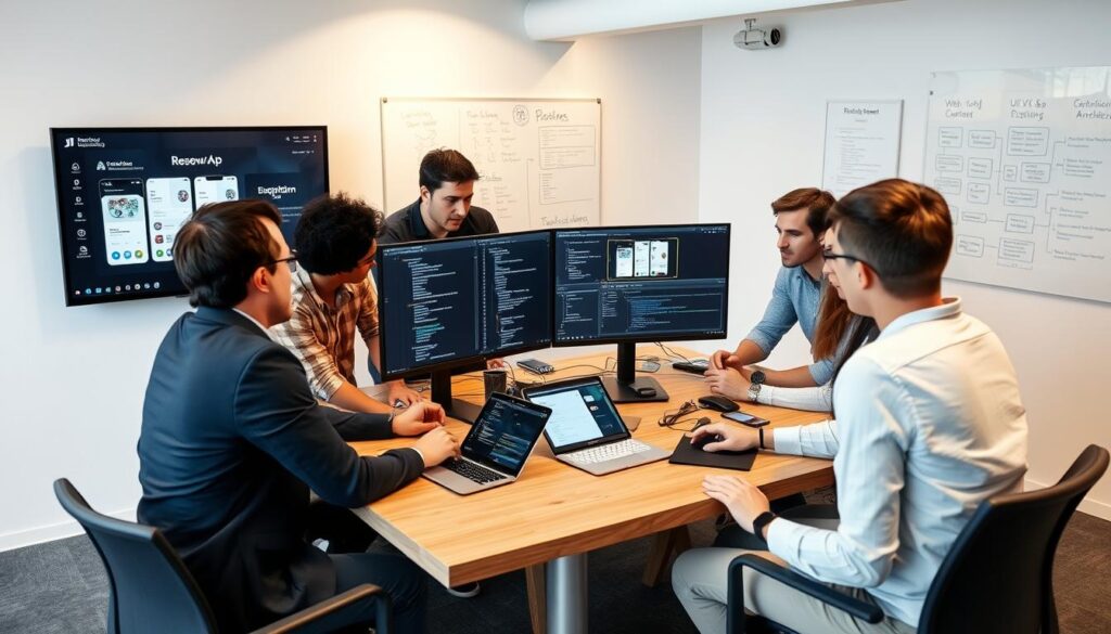 Web and mobile app development team collaborating on a project Web and mobile app development team collaborating on a project