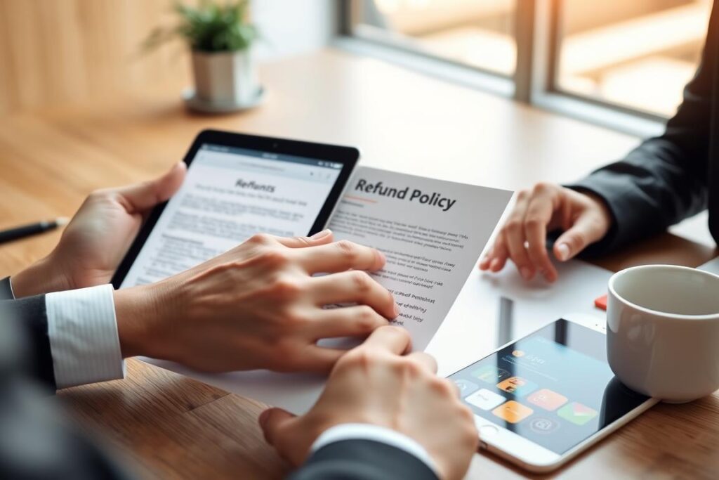 Web and mobile apps development refund policy document being reviewed
