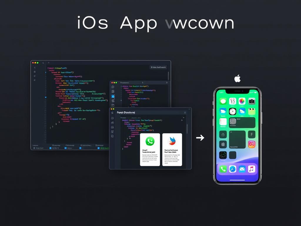 iOS app development process showing Swift code and UI design iOS app development process showing Swift code and UI design